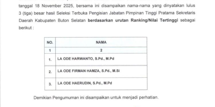 Tiga Pejabat Lolos Seleksi Calon Sekda Buton Selatan